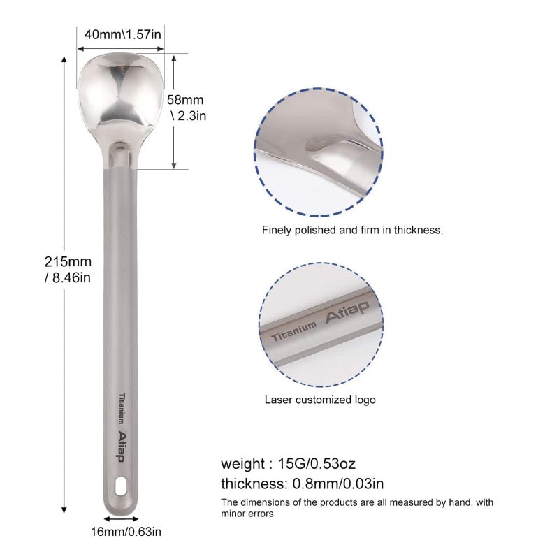ATiAP Titanium Long Handle Spoon Spork, 8.46" Long Titanium Camping Spoon with Polished Bowl, Suitable for Outdoor Camping Hiking Picnic - Image 2